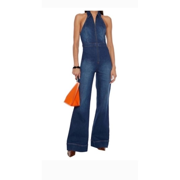 Alice + Olivia Pants - Alice + Olivia Jeans Jumpsuit Size 24 Denim Dark Halter Neck Full Zip Flare